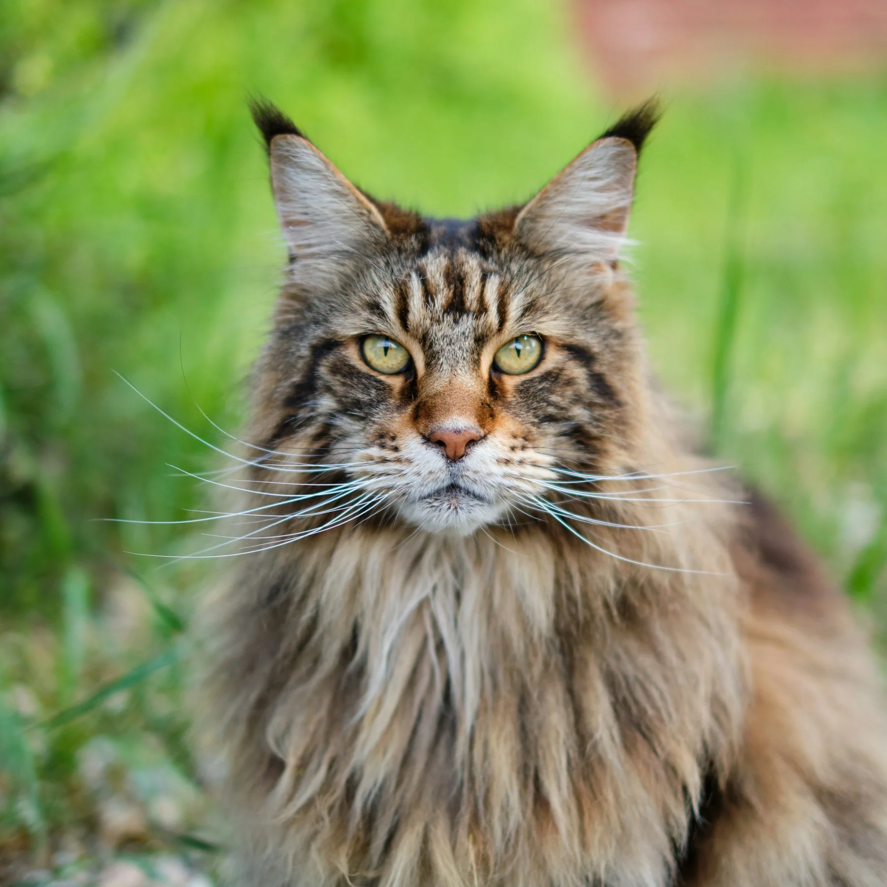 Braun getigerte Maine Coon mit ausgeprägten Ohrpinseln im Grünen – Beispielfoto